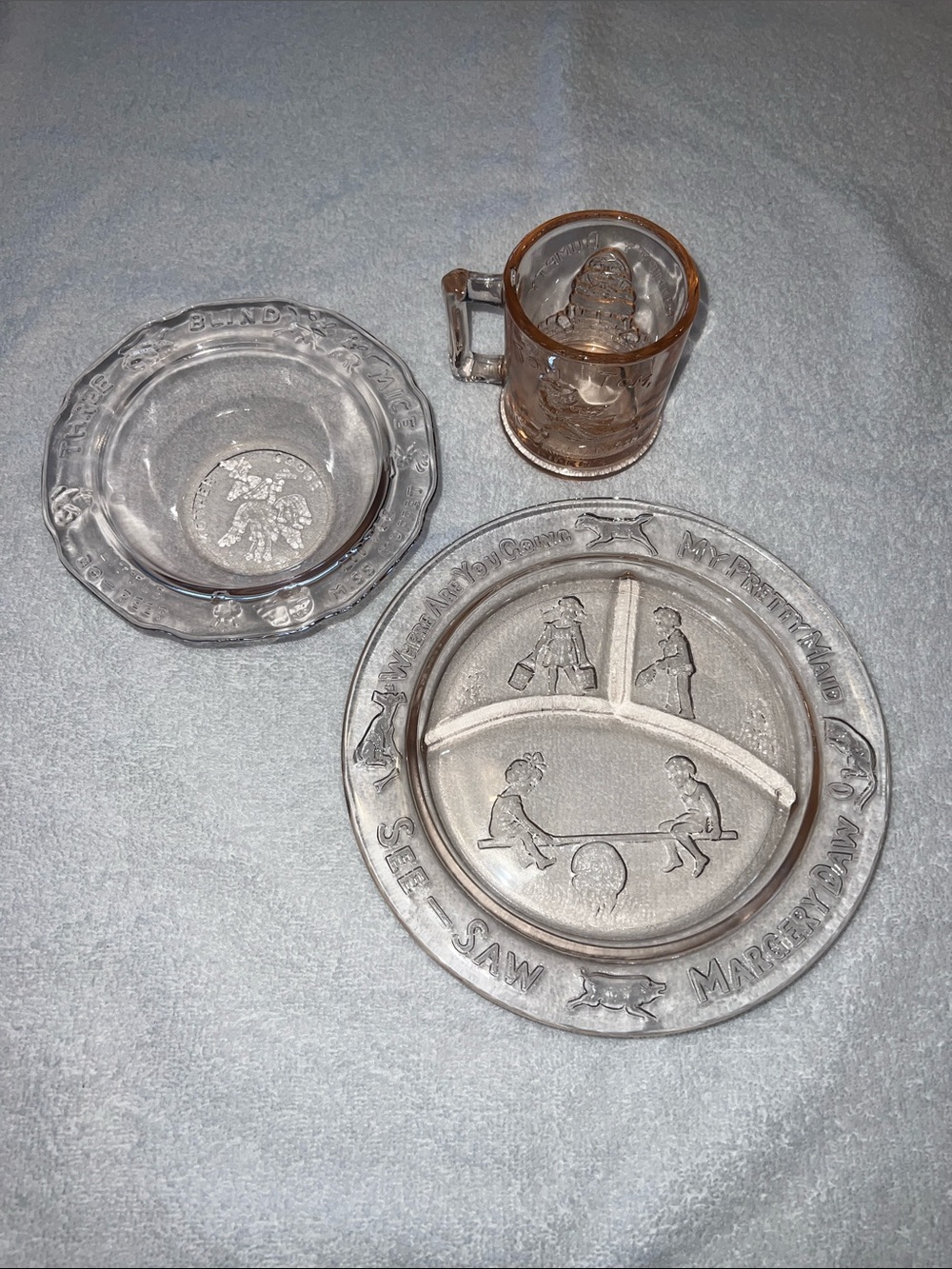 Vintage Pink Tiara Glass Mother Goose Childs Bowl,  Plate and Mug Set